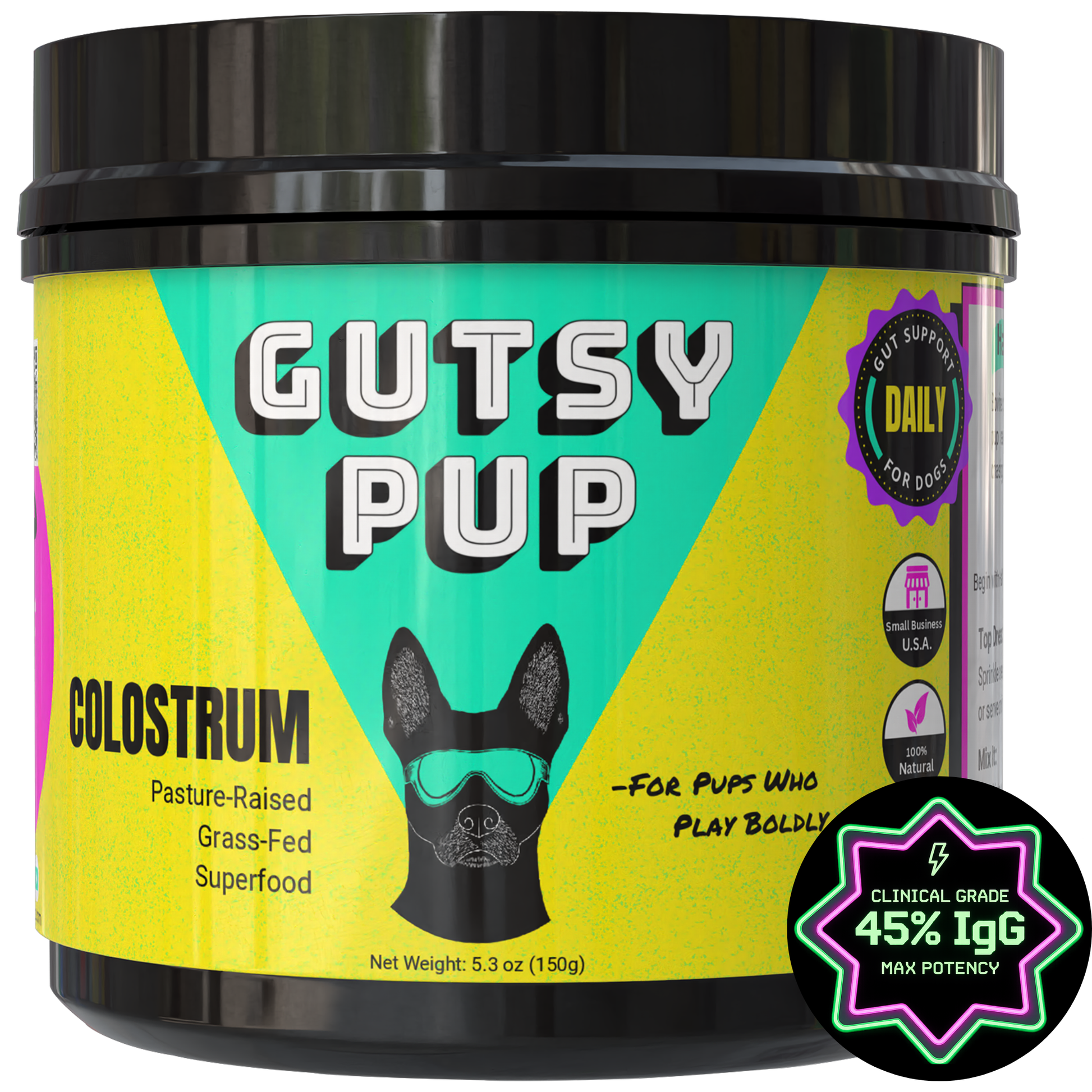 Jar of gutsy pup colostrum dog supplement